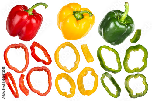 set collection of green red and yellow sweet pepper paprika whole fruit slice and pieces isolated white background with clipping path. vegetable healthy eating diet vegan concept