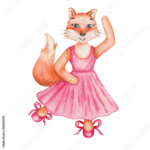 Watercolor illustration of hand painted orange fluffy fox girl in dance studio in pink dress and ballet shoes with laces. Cartoon animal character. Isolated clip art for children fabric textile print