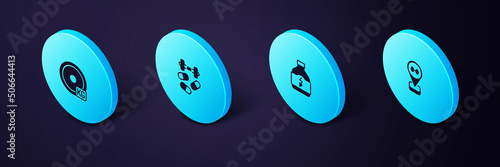 Set Isometric Location gym, Sports nutrition, doping with dumbbell and Weight plate icon. Vector