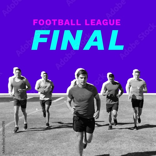 Football league final text and caucasian football players running over purple background