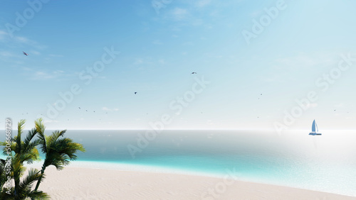 8K. Nature tropical beach sea. Beautiful beach blue sea water. Blue sky background. 