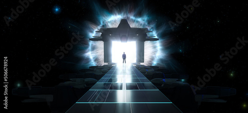 Dark abstract Sci Fi path with Outer Space in background. Man Standing with Glowing Light Rays and Portal. 3d Rendering