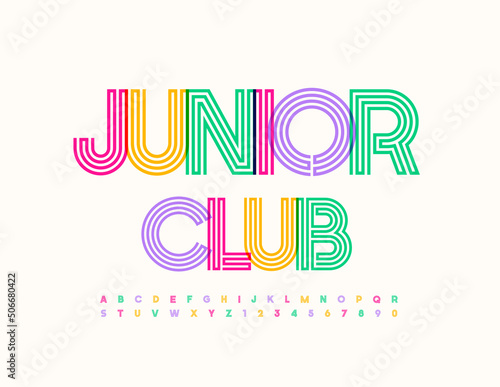 Vector creative logo Junior club. Modern Colorful Font for Kids. Creative Alphabet Letters and Numbers set