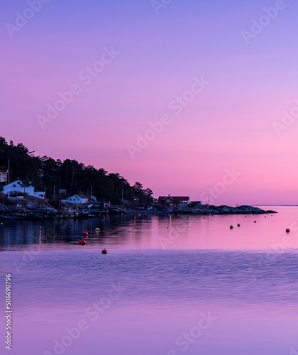 Sunset over the Oslofjord in the small town of Hvitsten, between Drobak and Son
