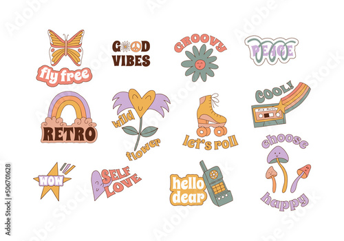 Retro phrases and quotes. Cartoon 80s-90s style. Funny comic cute characters and doodles. Vintage stickers. Collection of hippy elements. Vector illustrations.
