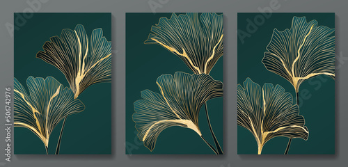 Luxury dark green art background with golden ginkgo leaves in line style. Botanical pressure posters for decor, wallpaper, print, textile, wall