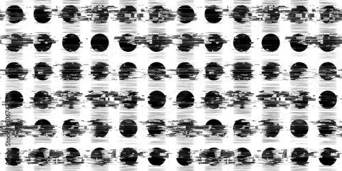 Seamless Vaporwave aesthetic art retro 80s glitched circles pattern. Trendy datamosh black and white polkadots backdrop 3D Rendering.