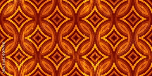 Seamless Vintage 70s Circle and diamond stripes wallpaper pattern motif in a nostalgic cozy warm rust red, orange, brown and yellow palette. A grungy 8k background textile texture.