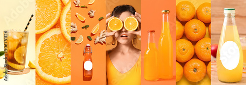 Collage of stylish young woman, sweet oranges and tasty soda drinks