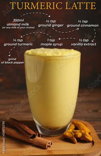 Glass of healthy turmeric latte with ingredients on wooden background