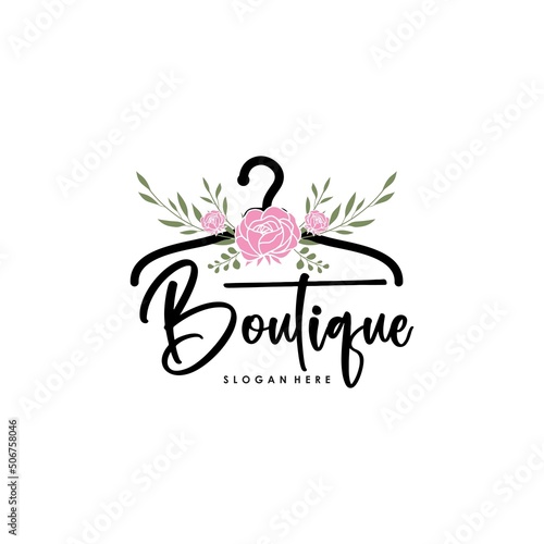 The concept of a coat hanger logo with roses for the clothing collection boutique logo template