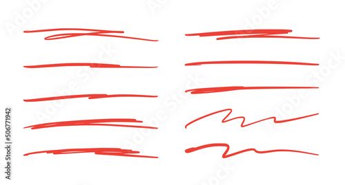 Red brush stroke underline. Marker pen highlight stroke. Vector swoosh brush underline set for accent, marker emphasis element.
