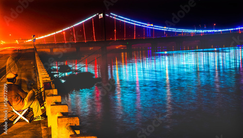 Fishing Hun River Jiangqun Bridge Liaoning China Night