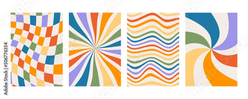 Set of retro groovy prints with rainbow colors. Checkered background with distorted squares. Abstract poster with distortion. 70s geometric psychedelic placard. Minimalistic old-fashioned art design.
