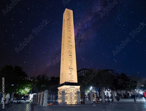 The symbolic ancient sultanahmet column at night time