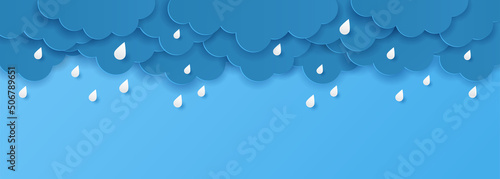 Paper cut with monsoon season banner. Clouds and drops rain on blue background. Vector illustration