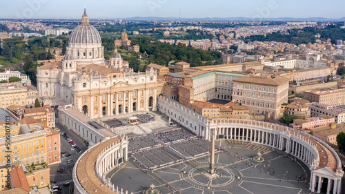 Aerial view of Papal Basilica of Saint Peter in the Vatican located in Rome, Italy, before a weekly general audience. It's the most important and largest church in the world and residence of the Pope.