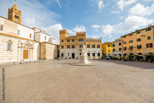 Morning view on Piazza Dante, central square in Grosseto town on sunny day. This city is the center of Maremma region at western central Italy