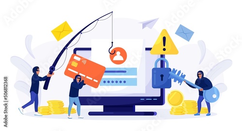 Cyber criminals phishing stealing private personal data, credentials, password, bank document and credit card. Tiny anonymous hackers attacking computer, hacking email. Cyber crime, hacker attack.