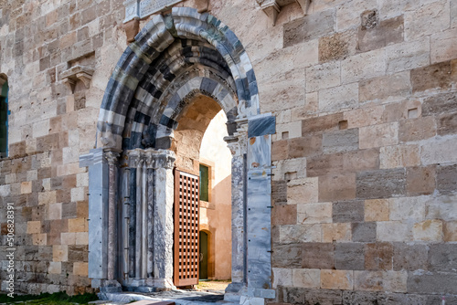 Spanish Gateway (Porta Spagnola) at Maniace Castle (Castello Maniace) on island of Ortygia in Syracuse, Sicily, Italy, Europe EU. Citadel castle UNESCO Site. Decorative portal detailed architecture