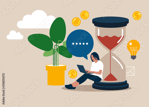 Happy woman sitting on an hourglass and working on her laptop business process icons and infographics on background. Multitasking, productivity and time management concept. Flat vector illustration