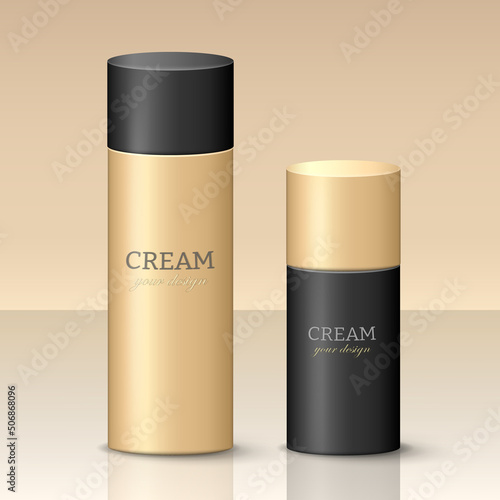 Skincare product mockup for logo design. Two 3d cosmetic bottles in black and golden style. Plastic cosmetic containers. Vector spray, perfume, dispenser, deodorant template