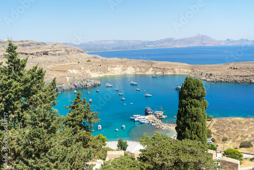 Beach of Lindos on the island of Rhodes, in the Dodecanese, Greece. Bay in the shape of a heart