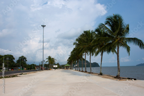 Exterior decoration design of patio viewpoint Pak Bara waterfront village on beach with traffic road for thai people travelers travel visit rest relax and take photo at La ngu city in Satun, Thailand