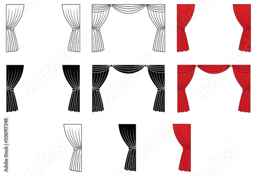 Tied Back Theater Curtains or Drapes Clipart Set - Outline, Silhouette and Color