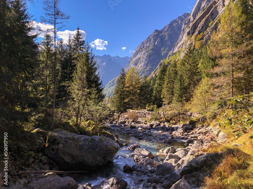 Alpine landscape with mountain stream on a sunny summer day in Val di Mello, Valtellina, Sondrio, Lombardy, Italy. Italian Alps landscape with a fresh water stream with rocks.