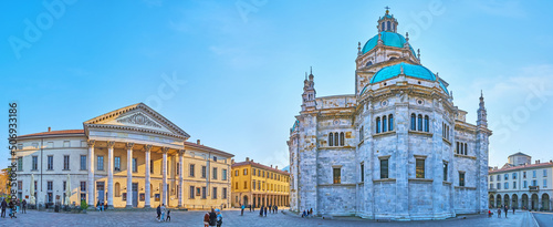 Panorama of Giuseppe Verdi Square with Teatro Sociale and Como Cathedral, Italy