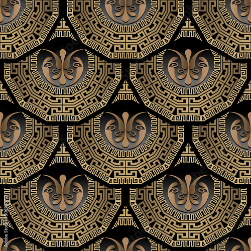 Tiled gold mandalas 3d seamless pattern. Vector ornamental greek background. Surface repeat Deco backdrop. Ornate 3d mandalas with golden greek key meanders frames, flowers. Luxury floral ornaments