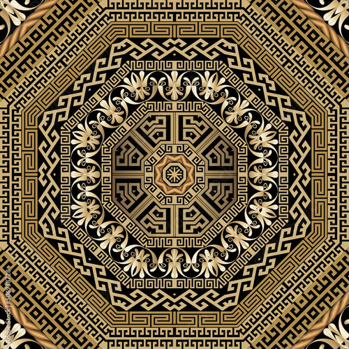 Luxury Greek vector seamless pattern. Repeat golden frames ornamental background. Greek key, meanders ethnic floral ornament. Geometric modern design with mandalas, hexagon, frames, borders, flowers