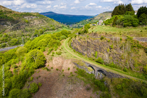 Aerial view of an old tram road converted to a cycle route near the village of Clydach in South Wales