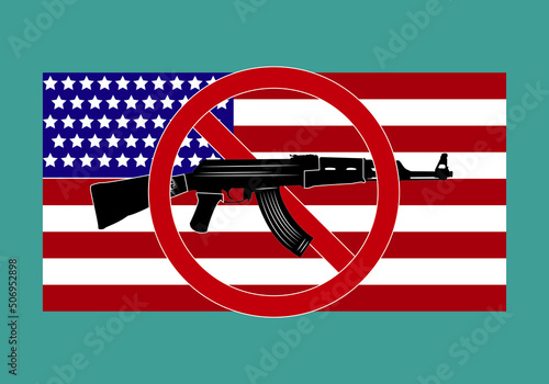 Prohibido utilizar armas de fuego en EEUU. Bandera de EEUU con la señal de prohibido sobre un rifle o arma de fuego