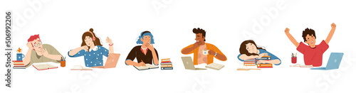 Tired sleepy students yawn at desk with books and laptop. Vector flat illustration of lazy or bored young people, teenagers feel tiredness doing school homework, girl sleep on books stack