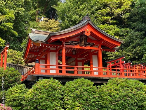 The beautiful pagoda pavilion of Japanese shrine, “Nezu Shrine” downtown Tokyo year 2022 on a sunny day May 20th