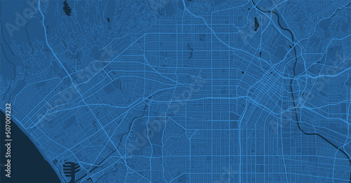 Dark blue Los Angeles City area vector background map, streets and water cartography illustration.
