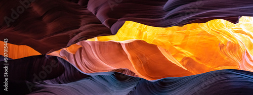 Beautiful wide angle view of amazing and colorful sandstone formations in famous Lower Antelope Canyon near the historic town of Page at Lake Powell, American Southwest, Arizona, USA