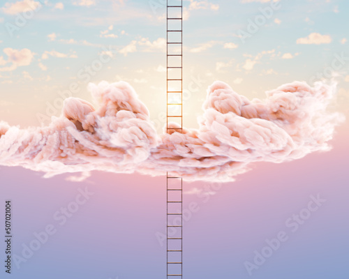 A surreal concept of a regular aluminium ladder pushing through a fluffy cloud on a peach sky background - 3D render