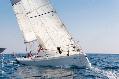 Sailing in the wind. Keelboat during regatta