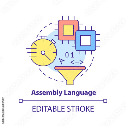 Assembly language concept icon. Hardware code. Type of computer language abstract idea thin line illustration. Isolated outline drawing. Editable stroke. Arial, Myriad Pro-Bold fonts used