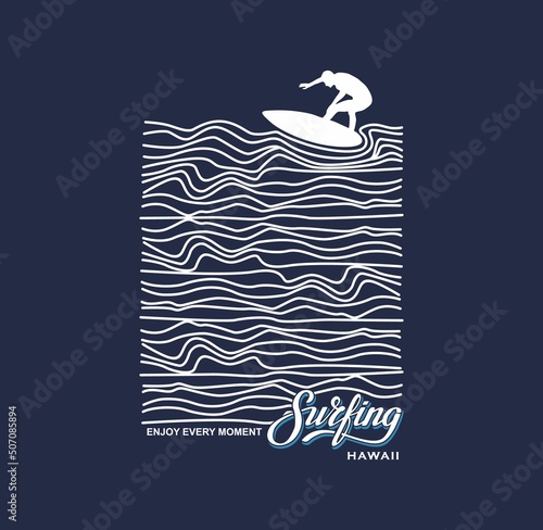 Vector illustration on the theme of surfing and surf in Hawaii. Vintage design. Grunge background. Sport typography, t-shirt graphics, print, poster, banner, flyer, postcard