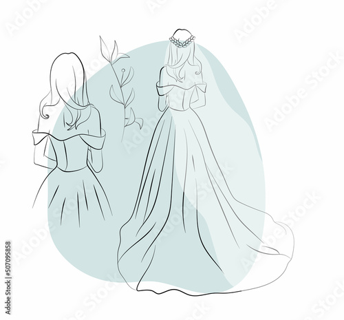 Vector illustration of a bride in the wedding dress and a veil with floral ornament and abstracts