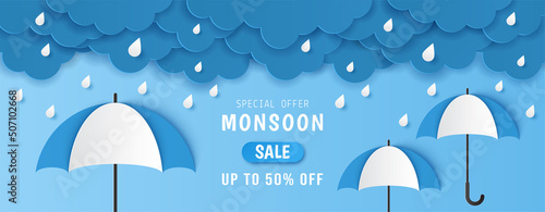 Paper cut of monsoon sale offer banner template with clouds, rain drop and cute umbrella on blue background. Vector illustration