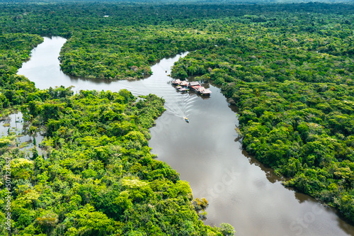 Peru. Aerial view of Rio Momon. Top View of Amazon Rainforest, near Iquitos, Peru. South America. 