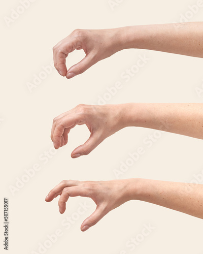 Set of female hand grip gesture on white.
