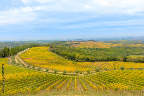 Travel vacation in the vineyard terraces by the brolio Castle. Panoramic landscape in Radda in Chianti town of Tuscany in Italy. Famous for in Chianti wine in Siena province.