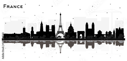 France Skyline Silhouette with Black Buildings and Reflections Isolated on White.
