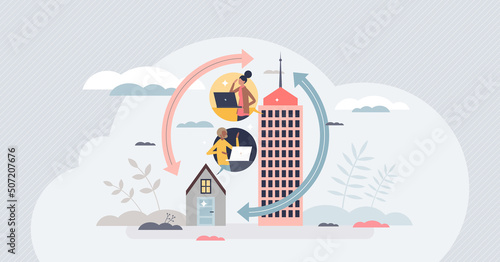 Hybrid work with flexible working from office and home tiny person concept. Workplace location for employees vector illustration. Remote job with distant online solution and part time business center.